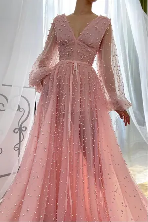 Anneprom Dusty Rose A line V neck Long Sleeves Beaded Prom Dresses, Evening Dress APP0560