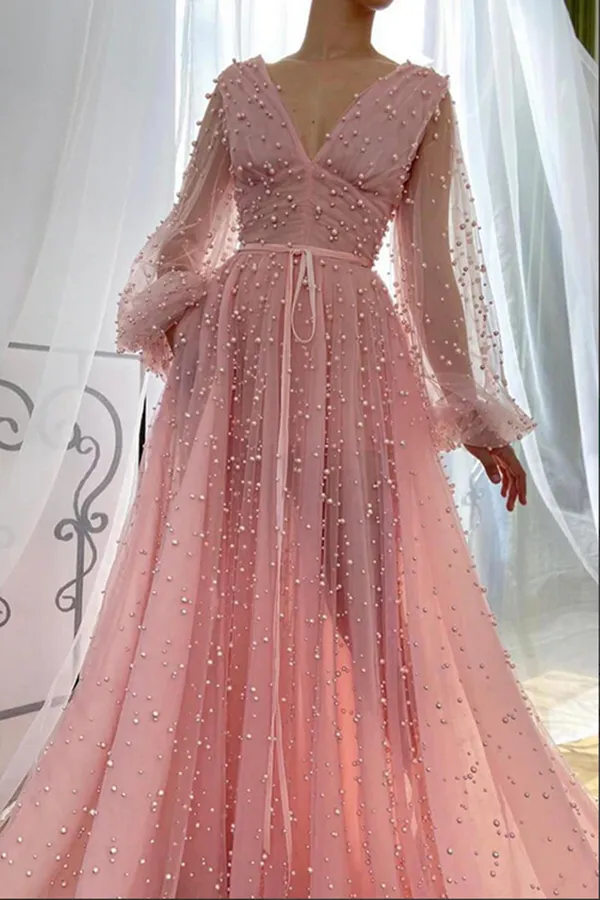 Anneprom Dusty Rose A line V neck Long Sleeves Beaded Prom Dresses, Evening Dress APP0560