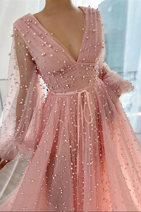 Anneprom Dusty Rose A line V neck Long Sleeves Beaded Prom Dresses, Evening Dress APP0560