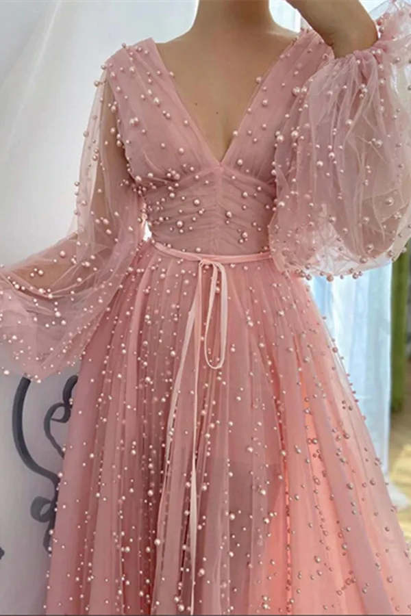 Anneprom Dusty Rose A line V neck Long Sleeves Beaded Prom Dresses, Evening Dress APP0560