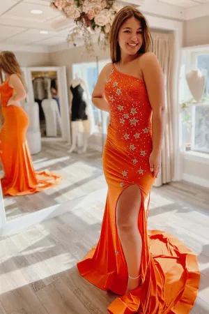 Anneprom Elegant One Shoulder Lace Up Mermaid Beaded Stars Polyester Prom Dress With Slit APP0660
