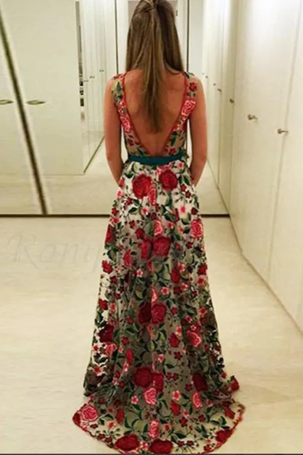 Anneprom Fabulous Scoop A line Lace Rose Floral Embroidery Long Prom Dresses APP0667