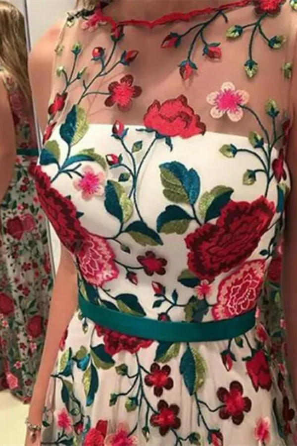 Anneprom Fabulous Scoop A line Lace Rose Floral Embroidery Long Prom Dresses APP0667