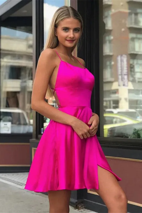 Anneprom Fancy Spaghetti Straps Fuchsia Above Knee Split Homecoming Dresses APH0151