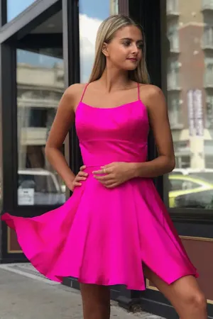 Anneprom Fancy Spaghetti Straps Fuchsia Above Knee Split Homecoming Dresses APH0151