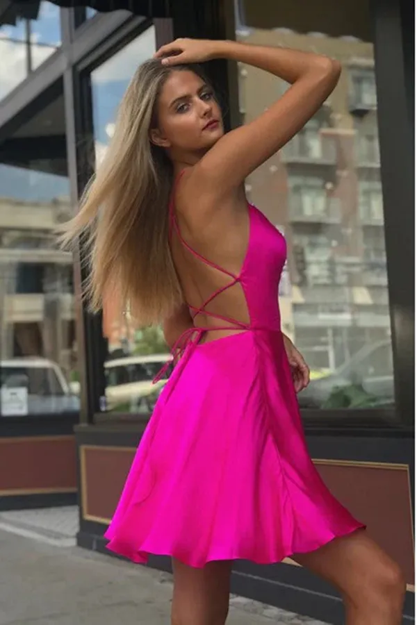 Anneprom Fancy Spaghetti Straps Fuchsia Above Knee Split Homecoming Dresses APH0151