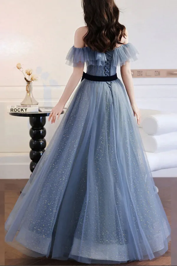 Anneprom Grey Blue Tulle A line Off Shoulder Prom Dresses, Long Formal Dresses APP0587
