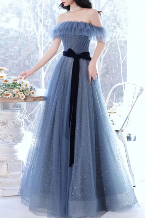 Anneprom Grey Blue Tulle A line Off Shoulder Prom Dresses, Long Formal Dresses APP0587