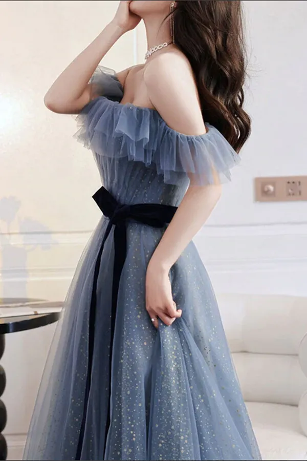 Anneprom Grey Blue Tulle A line Off Shoulder Prom Dresses, Long Formal Dresses APP0587
