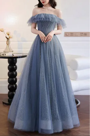 Anneprom Grey Blue Tulle A line Off Shoulder Prom Dresses, Long Formal Dresses APP0587