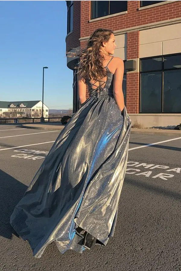 Anneprom Grey Long Satin Prom Dresses for Teens Stunny Evening Dress APP0555