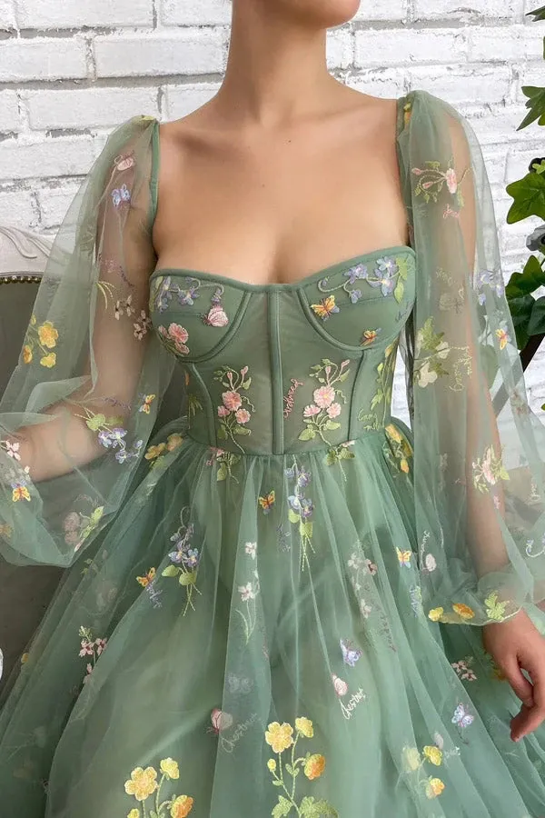 Anneprom Light Green Embroidered Tulle Dress Evening Dress Puffy Long Sleeve Prom Dress APP0637