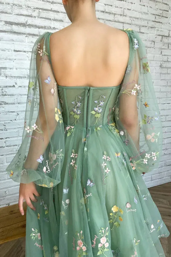 Anneprom Light Green Embroidered Tulle Dress Evening Dress Puffy Long Sleeve Prom Dress APP0637