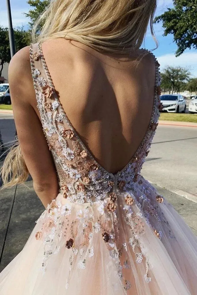 Anneprom Light Pink V Neck Sleeveless Tulle Prom Dress with Flowers and Beads APP0483