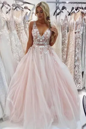 Anneprom Light Pink V Neck Sleeveless Tulle Prom Dress with Flowers and Beads APP0483