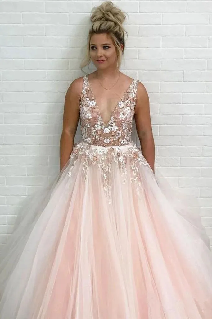 Anneprom Light Pink V Neck Sleeveless Tulle Prom Dress with Flowers and Beads APP0483