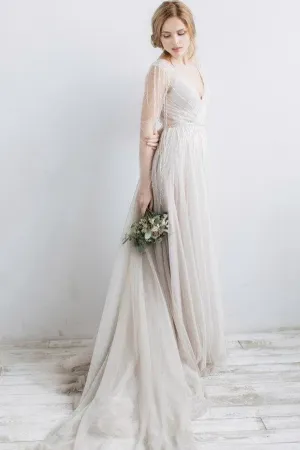 Anneprom Long Sleeve V-Neck Illusion Tulle Weddig Dress With Beading APW0300