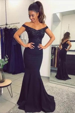 Anneprom Mermaid Off-The-Shoulder Navy Blue Prom Dress With Sequins APP0222