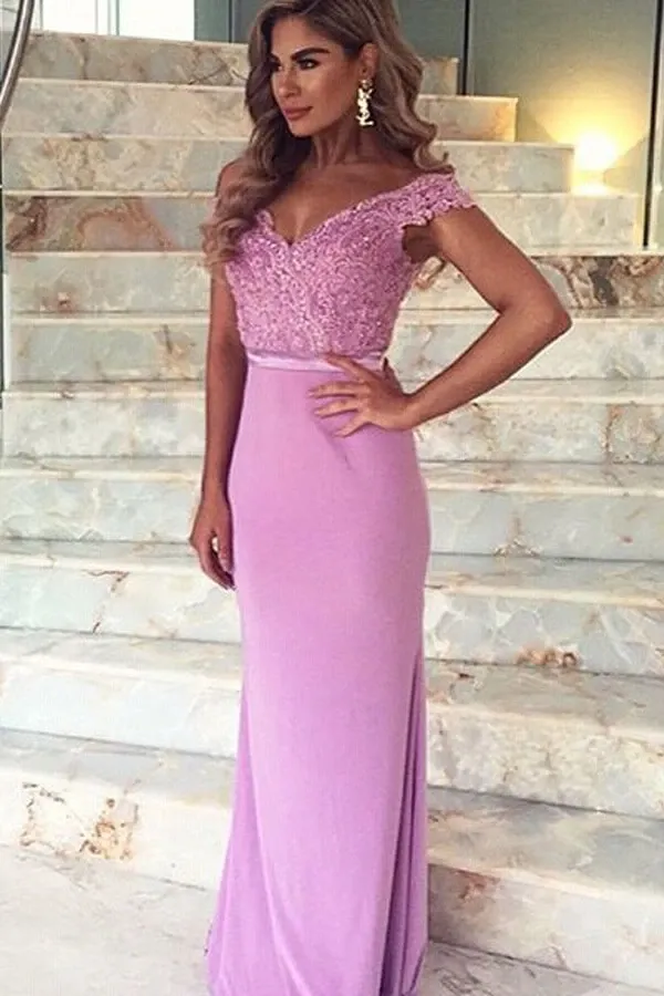 Anneprom Mermaid Off-The-Shoulder Train Satin Prom Dress With Appliques Lace APP0157