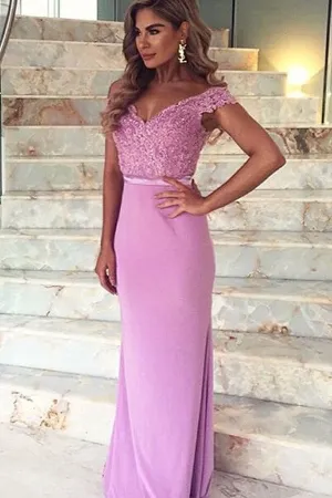 Anneprom Mermaid Off-The-Shoulder Train Satin Prom Dress With Appliques Lace APP0157