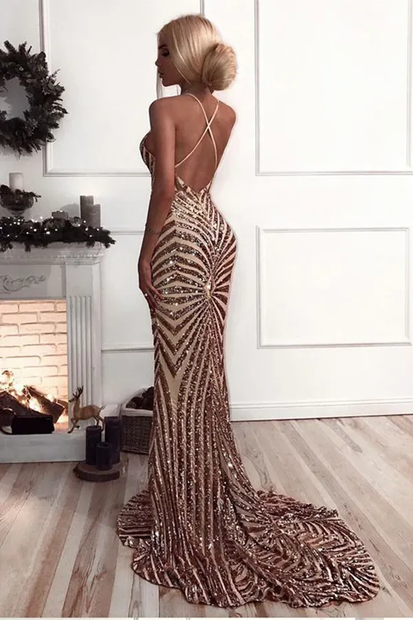 Anneprom Mermaid Sequins Long Prom Dress, Backless Evening Dress APP0627