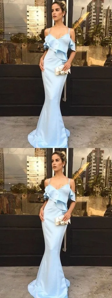 Anneprom Mermaid Spaghetti Straps Light Blue Satin Long Prom Dress with Ruffles APP0469