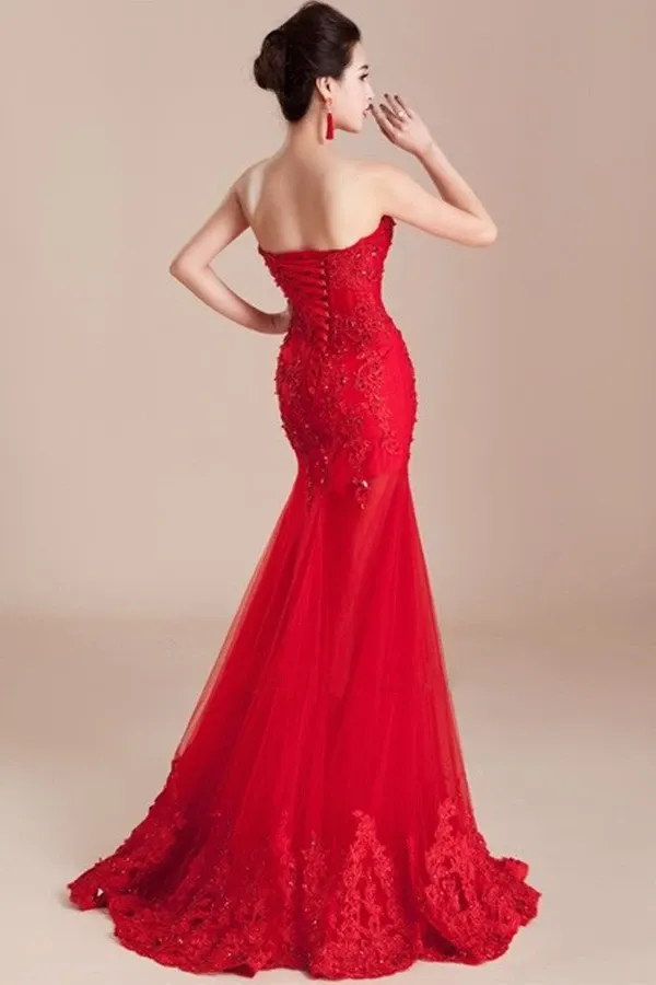 Anneprom Mermaid Sweetheart Appliques Beading Lace-Up Long Prom Dress APP0081