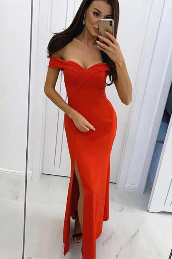 Anneprom Off The Shoulder Burgundy Satin Long Prom Dresses With Slit APP0304