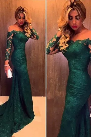 Anneprom Off The Shoulder Long Sleeves Mermaid Lace Evening Dress Prom Dresses APP0078