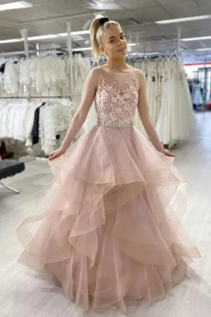 Anneprom Pink Sleeveless A Line Tulle Lace Sweet 16 Dress Prom Dress APP0515