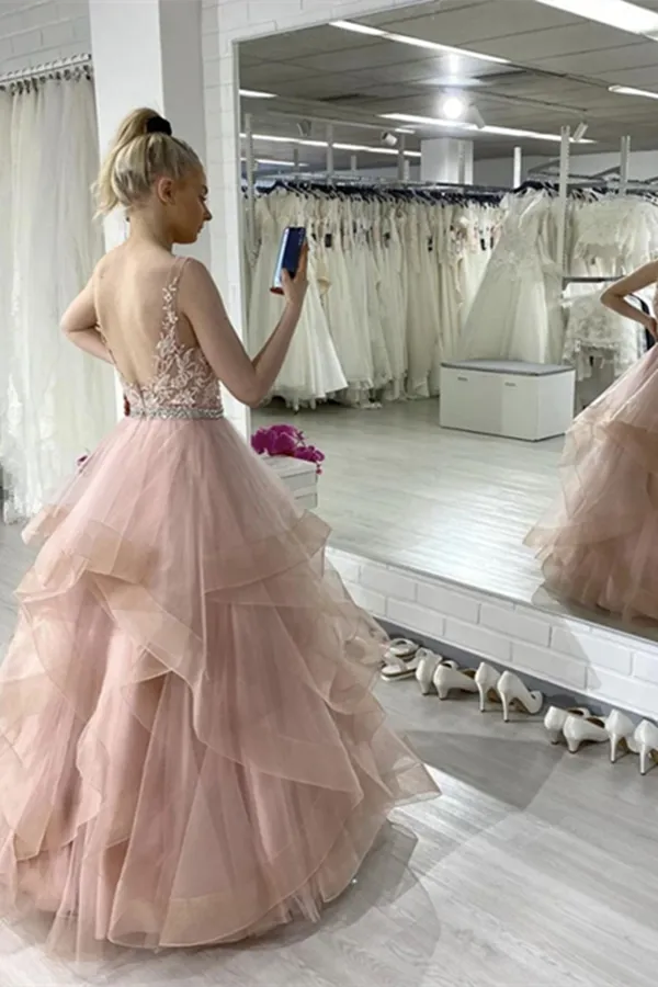 Anneprom Pink Sleeveless A Line Tulle Lace Sweet 16 Dress Prom Dress APP0515