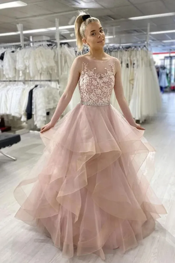 Anneprom Pink Sleeveless A Line Tulle Lace Sweet 16 Dress Prom Dress APP0515