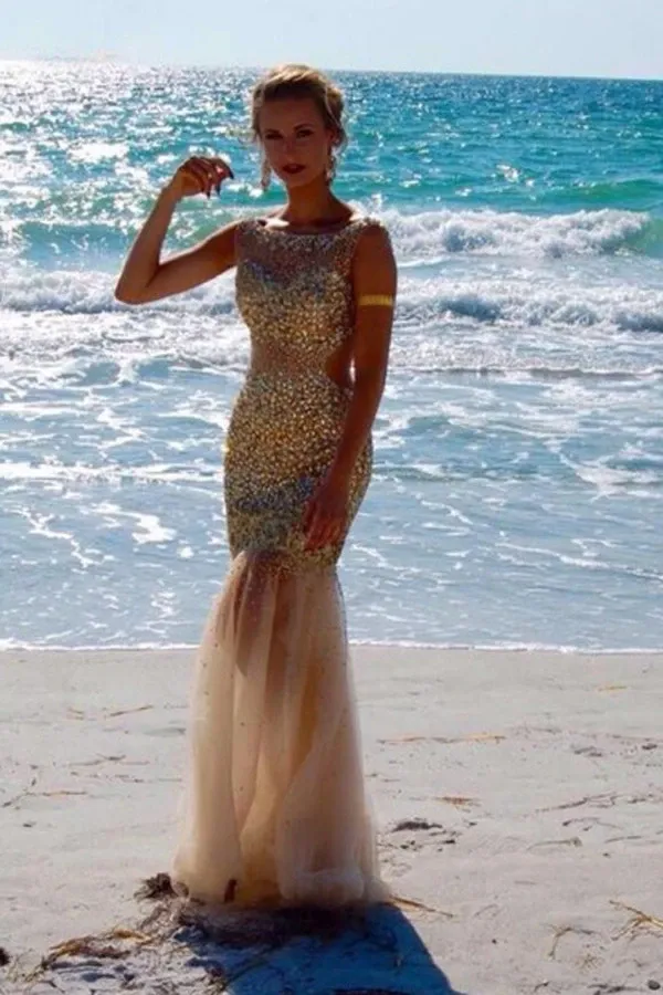 Anneprom Scoop Floor Length Tulle Backless Prom Dress With Beading APP0039