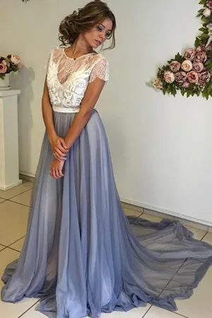 Anneprom Scoop Neckline Cap Sleeves Chiffon Prom Dress With Lace Backless APP0107