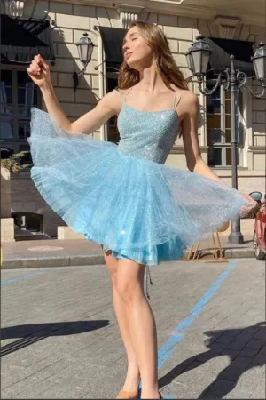 Anneprom Shiny Sky Blue Tulle Sequins Homecoming Dresses, Short Prom Dresses APH0188