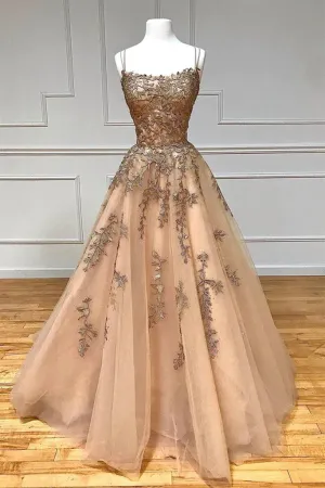 Anneprom Spaghetti Straps Champagne Lace Tulle Long Prom Dress APP0671