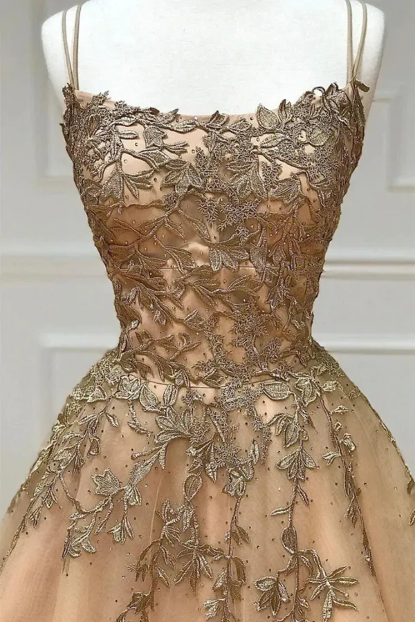 Anneprom Spaghetti Straps Champagne Lace Tulle Long Prom Dress APP0671