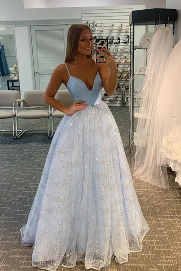 Anneprom Sparking Lace Spaghetti Straps A line Prom Dresses, Long Prom Dress for Sale APP0564