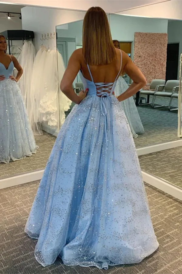 Anneprom Sparking Lace Spaghetti Straps A line Prom Dresses, Long Prom Dress for Sale APP0564