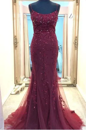Anneprom Straps Mermaid Burgundy Beaded Long Prom Dress Evening Dress APP0668