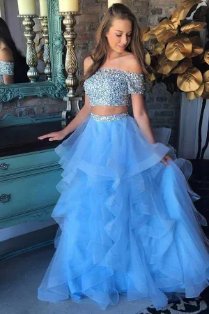 Anneprom Two Piece Off-The-Shoulder Blue Tiered Organza Prom Dress With Sequins APP0261