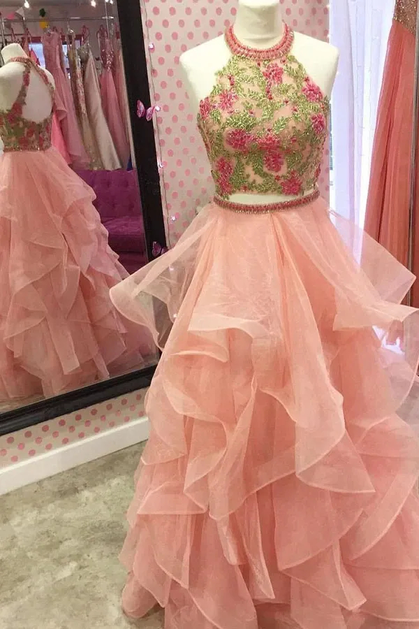 Anneprom Two Piece Round Neck Tiered Pink Open Back Prom Dress With Appliques APP0209