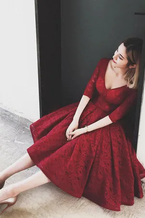Anneprom  V Neck Half Sleeves Burgundy Lace Homecoming Dress Short Prom Dress APH0007