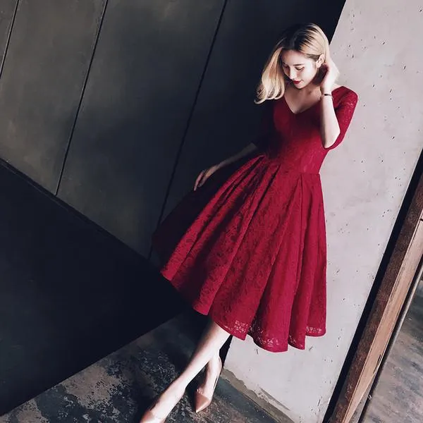 Anneprom  V Neck Half Sleeves Burgundy Lace Homecoming Dress Short Prom Dress APH0007