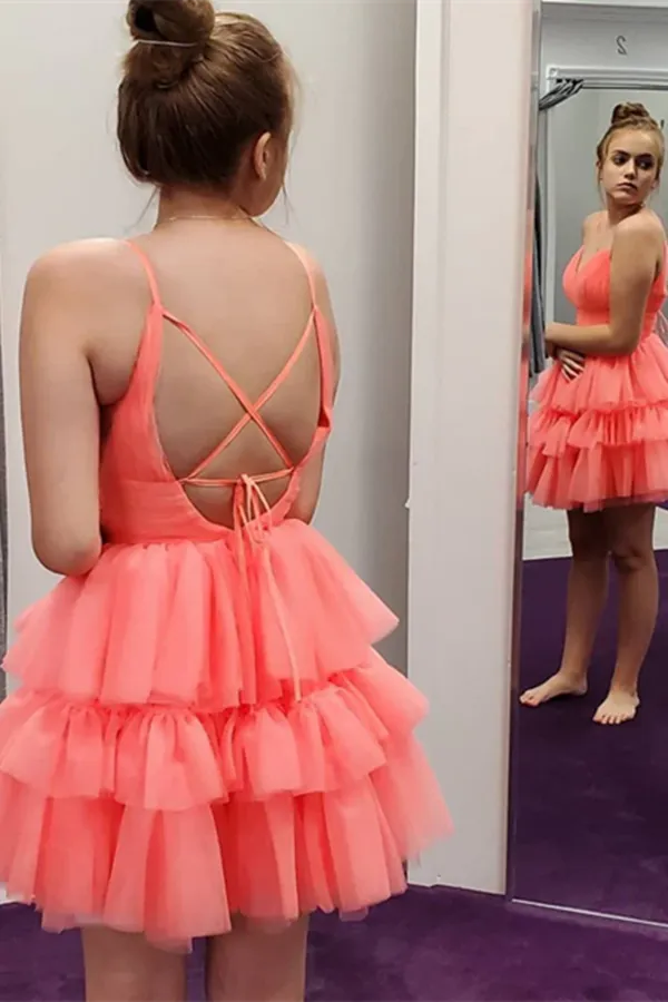 Anneprom V Neck Layered Coral Short Prom Dresses Homecoming Dresses APH0163