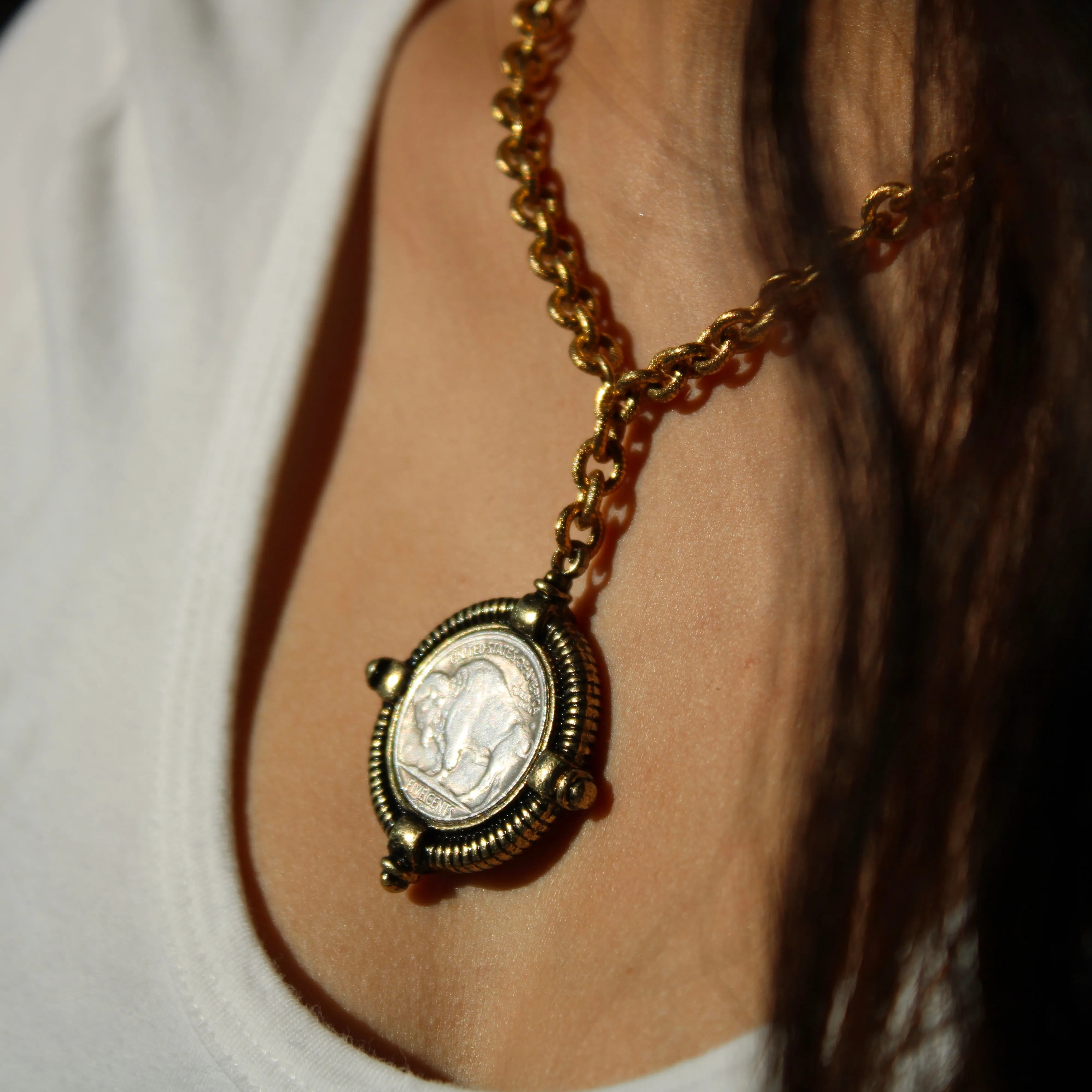 Antiqued Gold Buffalo Coin Necklace