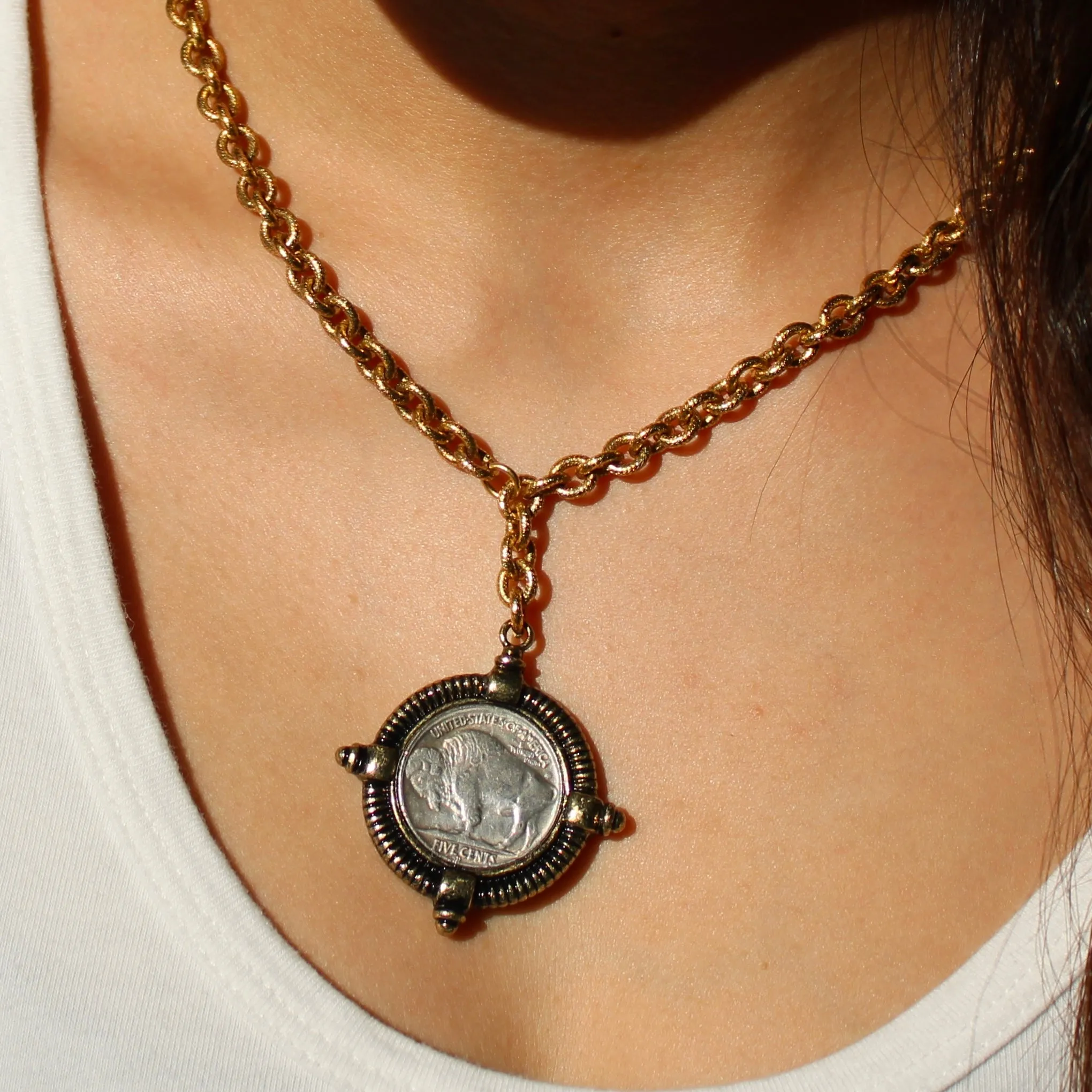 Antiqued Gold Buffalo Coin Necklace
