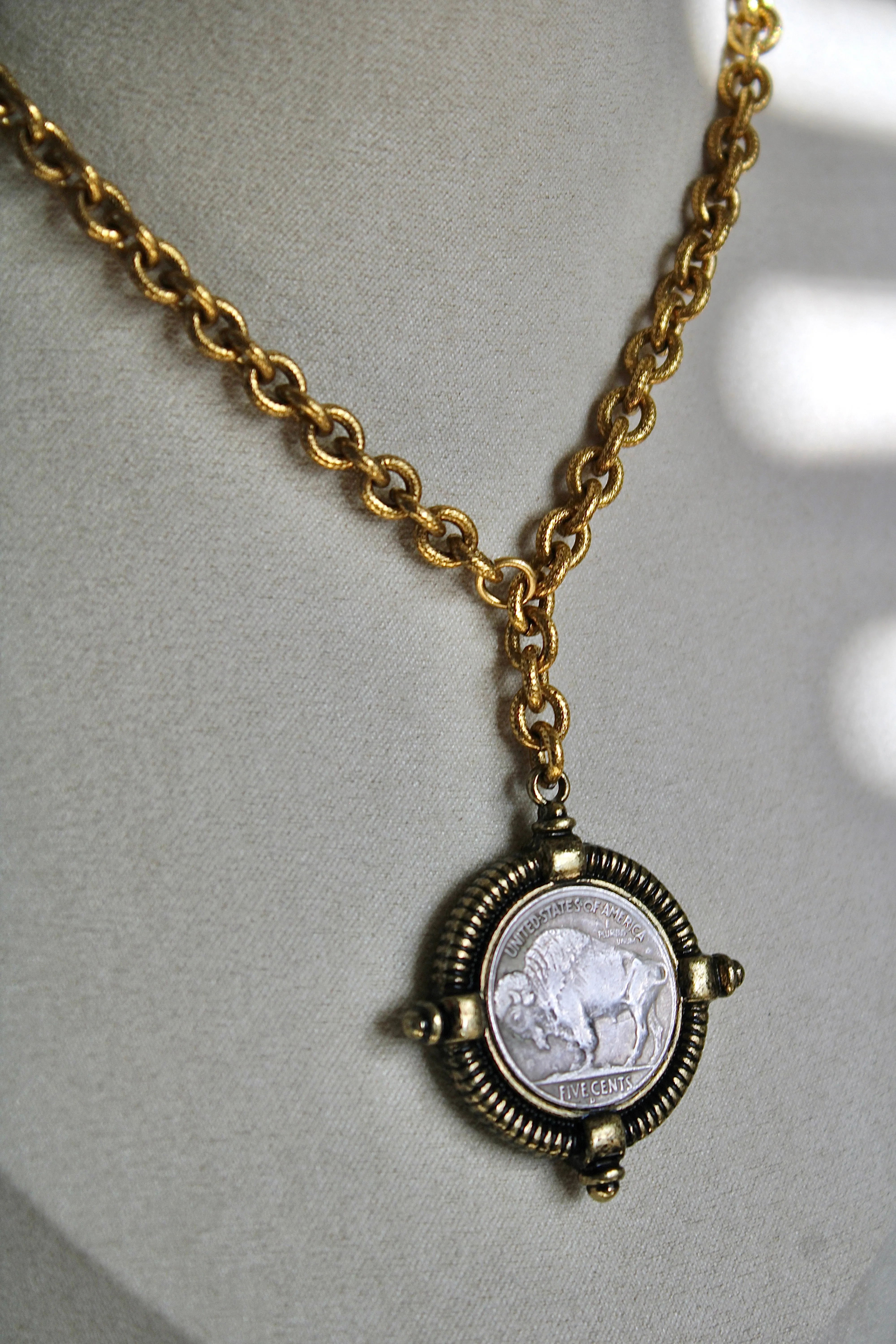 Antiqued Gold Buffalo Coin Necklace