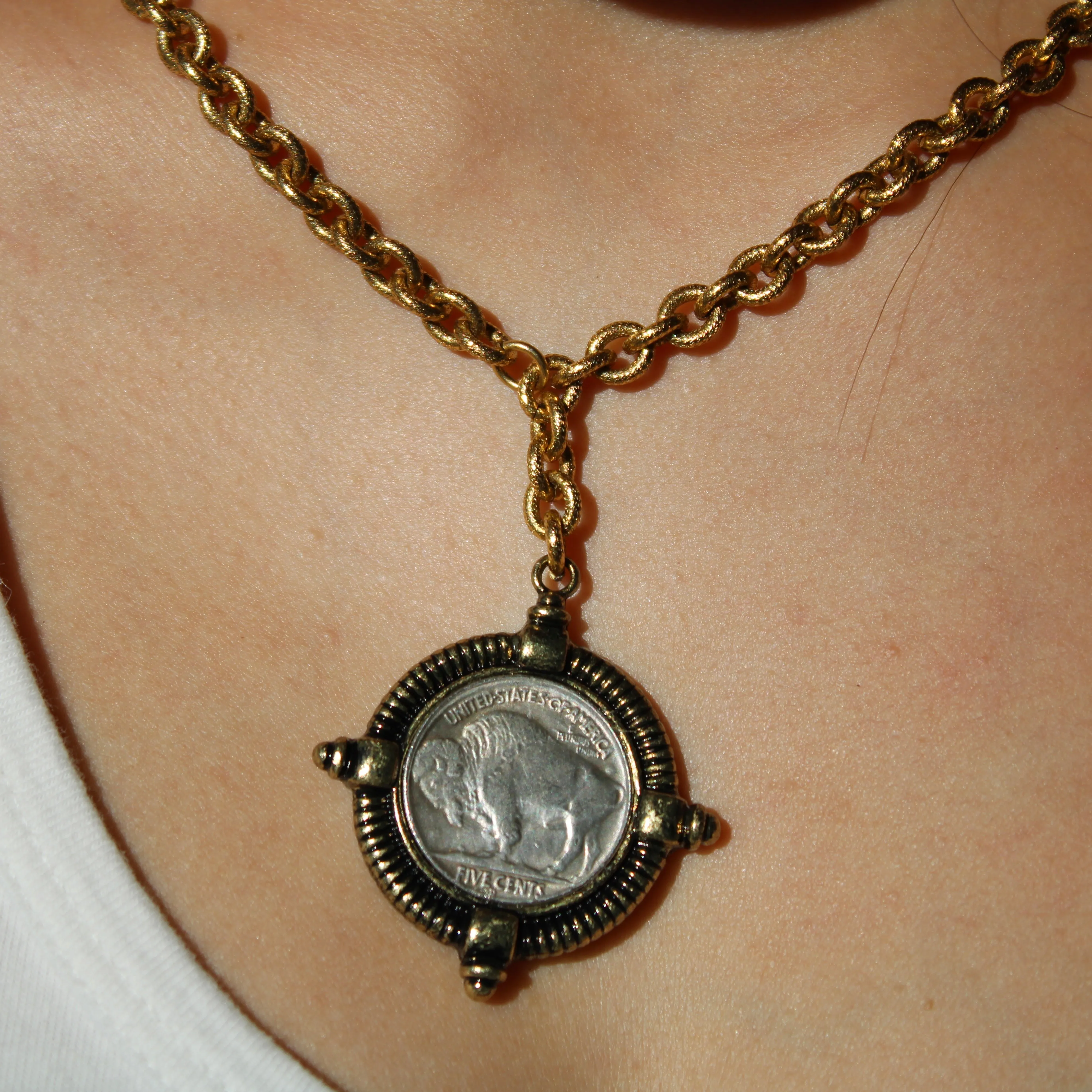 Antiqued Gold Buffalo Coin Necklace