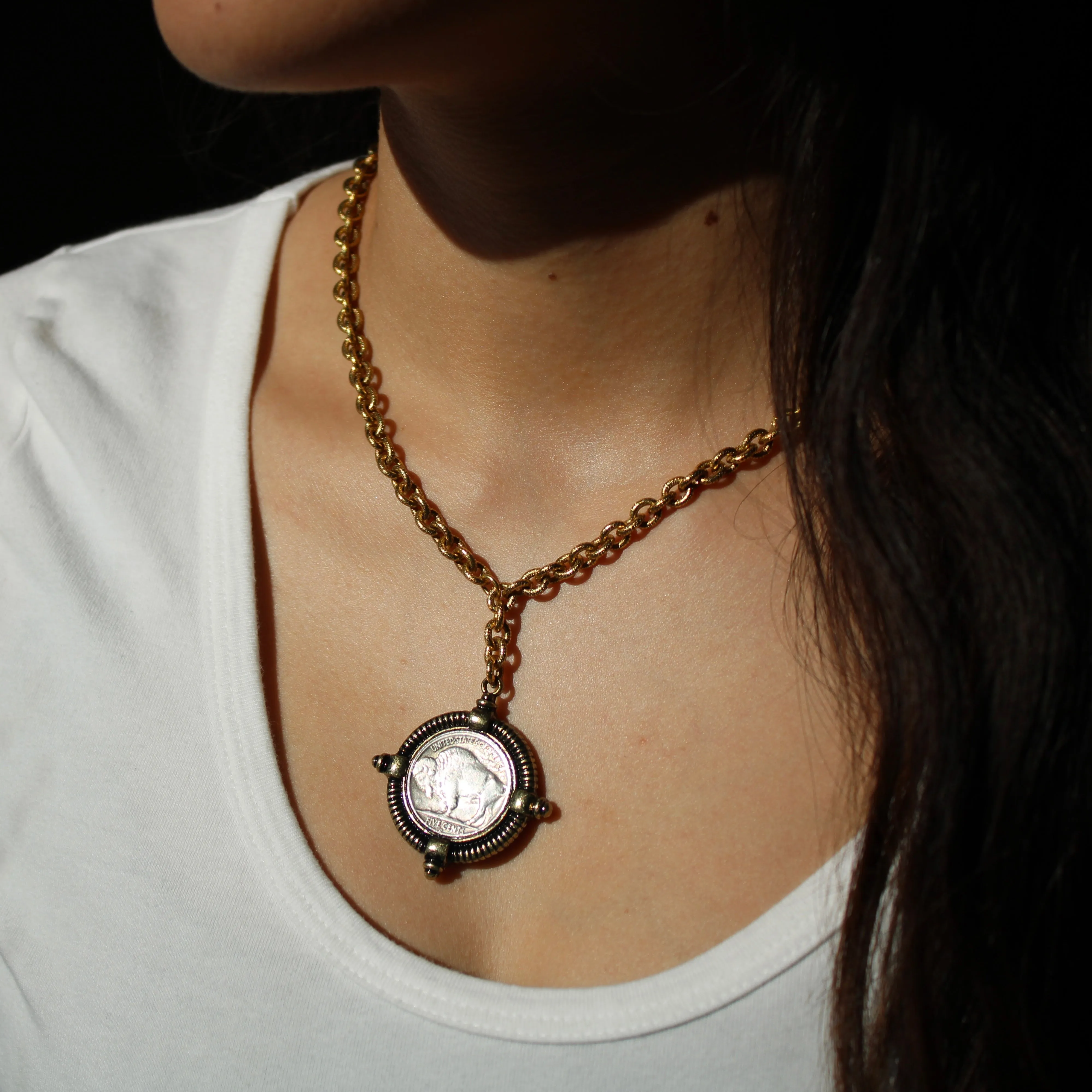 Antiqued Gold Buffalo Coin Necklace